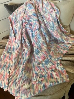 Handmade Pastel Crochet Throw Blanket - Pink, Blue & Cream
